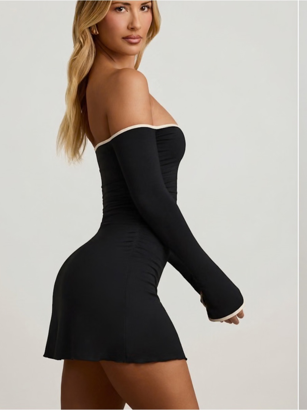 Oh Polly Black Off-Shoulder Mini Dress with Cream Trim - Picture 4 of 4